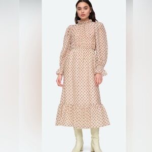 Sea New York Cream Floral Ruffled Long-Sleeve Midi Dress